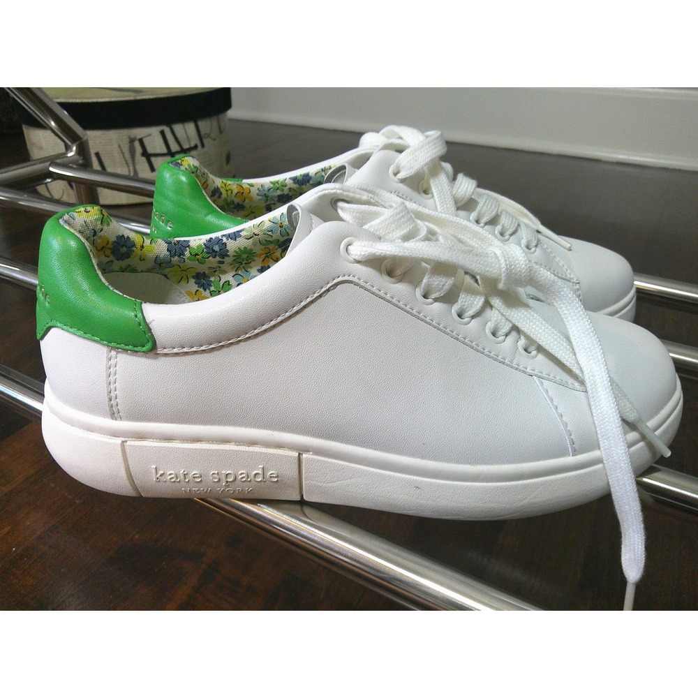 Kate Spade Lift Sneakers Womens 7.5 White Green Leather Floral Excellent K6254 - Picture 3 of 13